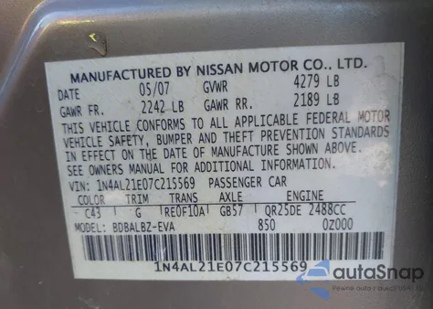 2007 Nissan Altima 2.5 S z USA, uszkodzony, nr VIN 1N4AL21E07C215569